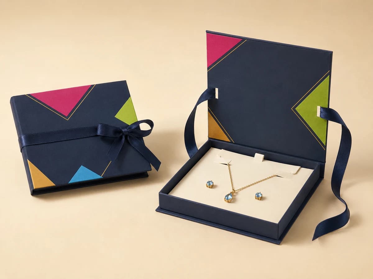Navy book-style jewellery box with ribbon closure opening to reveal a necklace and earring set