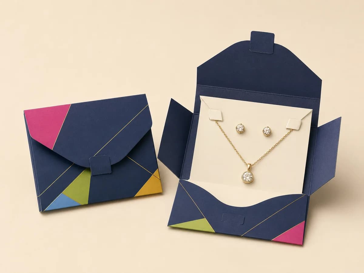 Navy envelope-style jewellery box with tab closure opening to show a necklace and earrings on a cream card