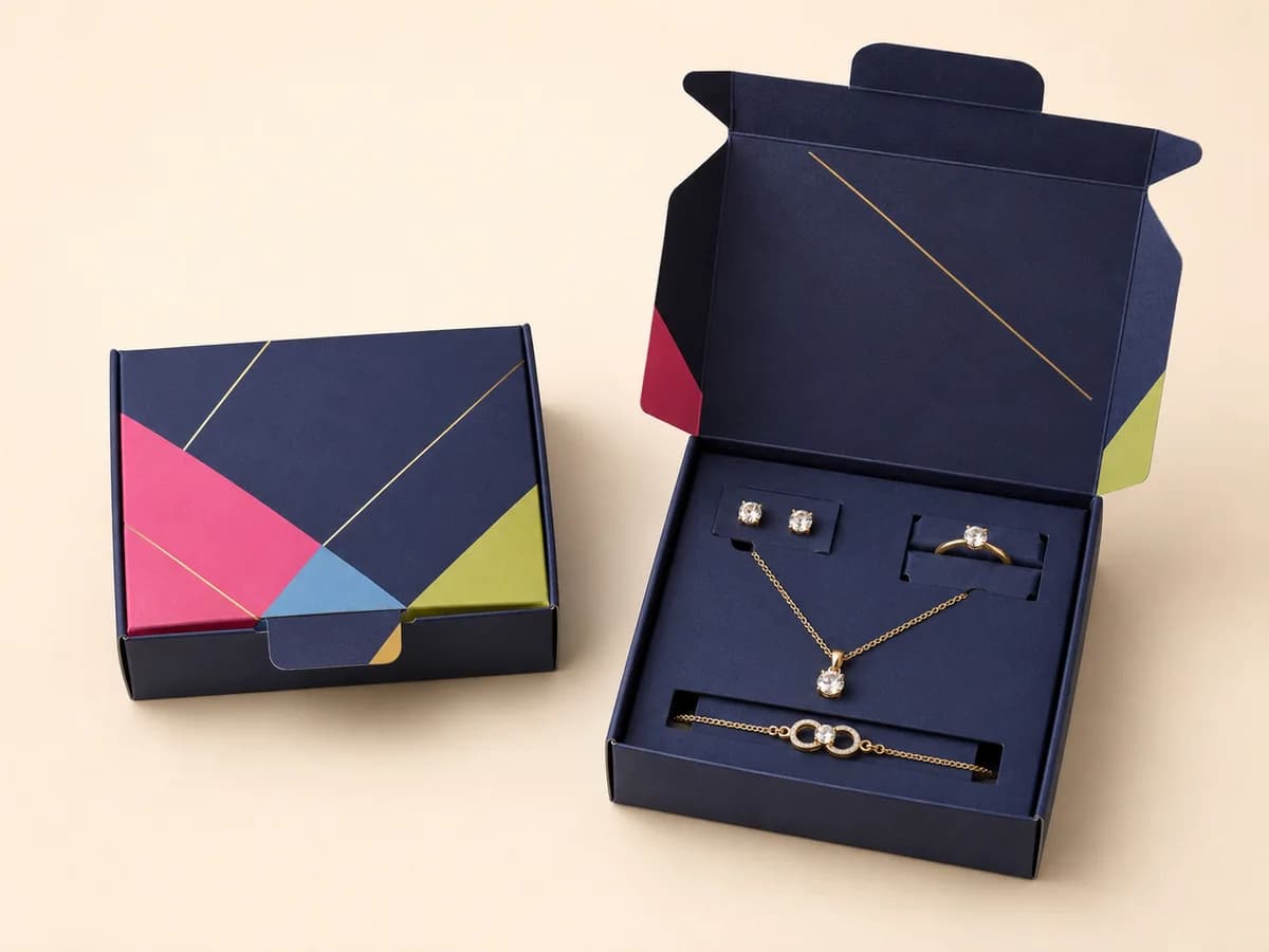 Navy self-locking mailer gift box open to show a full jewellery set in a fitted insert